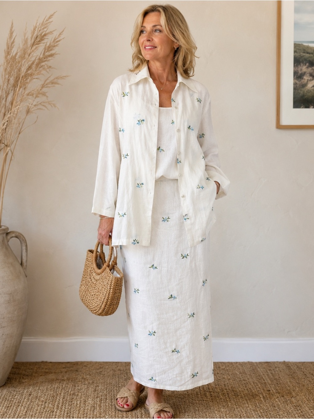 E Street Linen Cotton Embroidered Maxi Dress Shirt Set Womens M NWOT Coastal